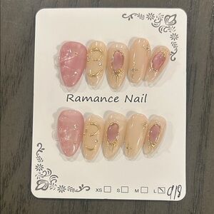Large Size Pink and Nude Press-On Nails with Gold Accents